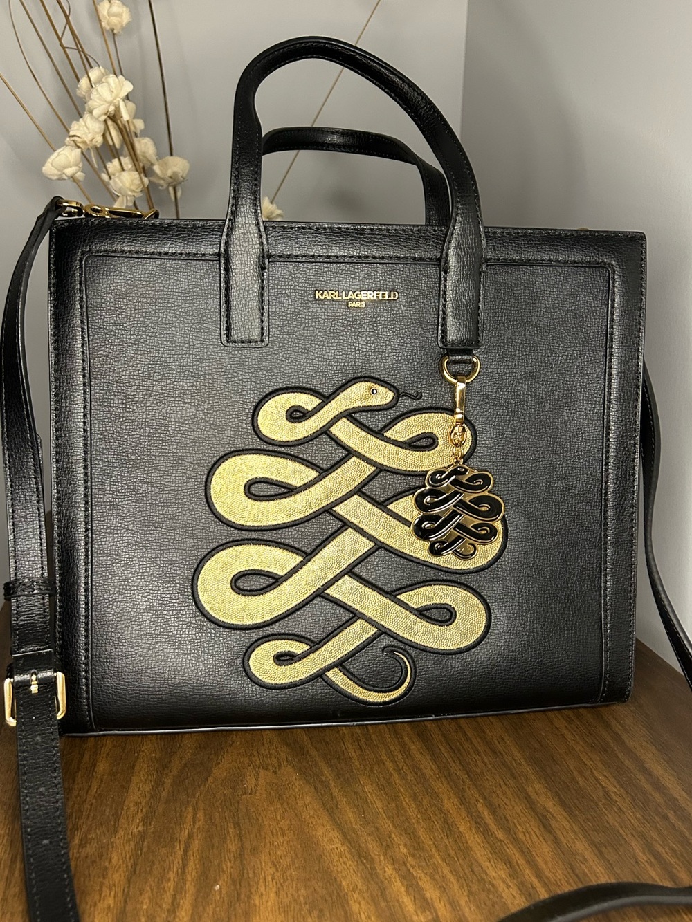 KARL LAGERFELD Black Leather Tote with Gold Snake Appliqué